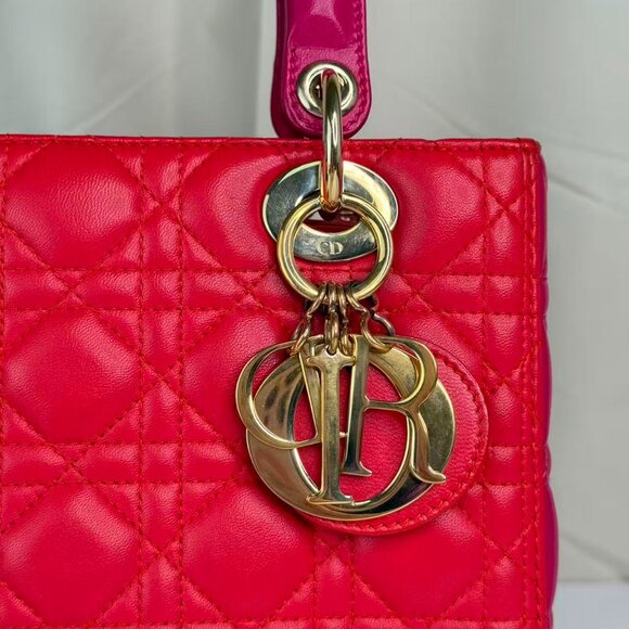 Dior Bi-Color Leather Lady Dior Medium Shoulder Bag - Red Quilted Design - Picture 6 of 10
